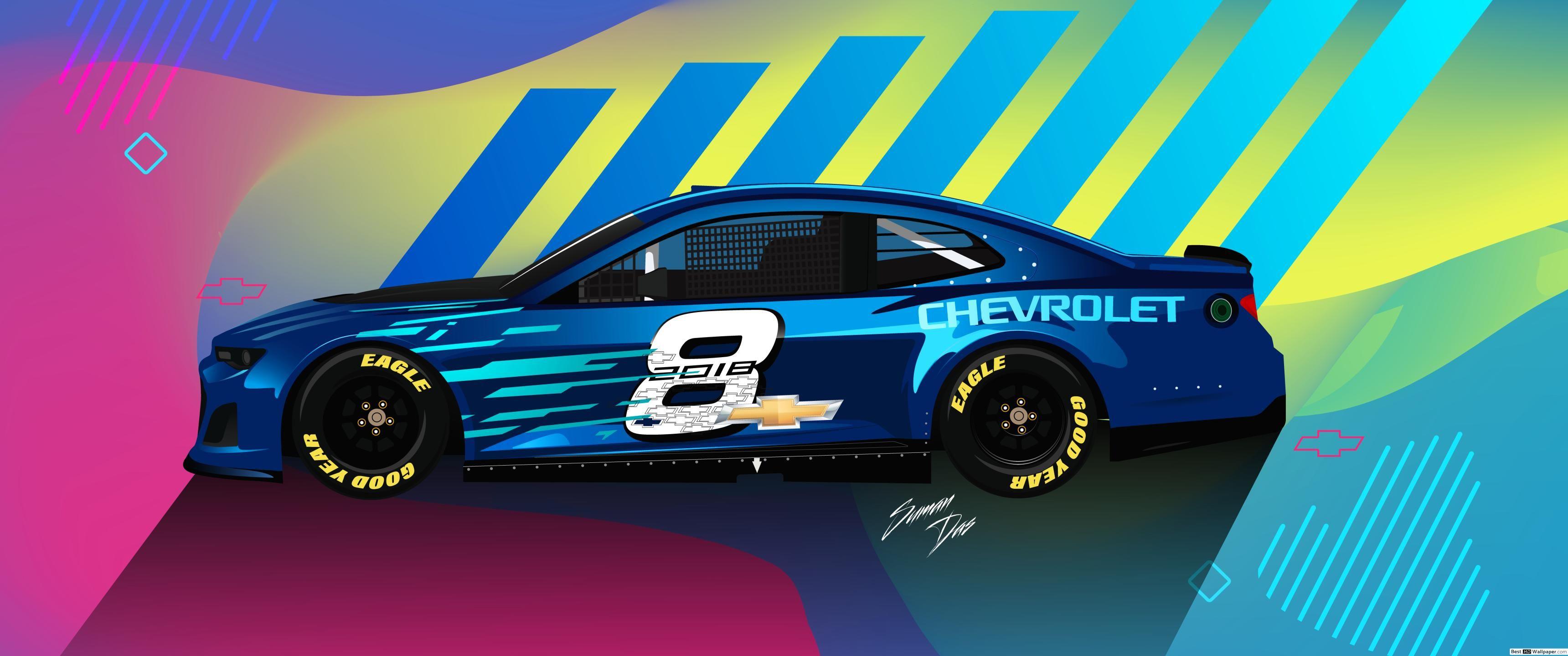 3440x1440 Blue Chevrolet Super Car with Colorful Abstract Background HD