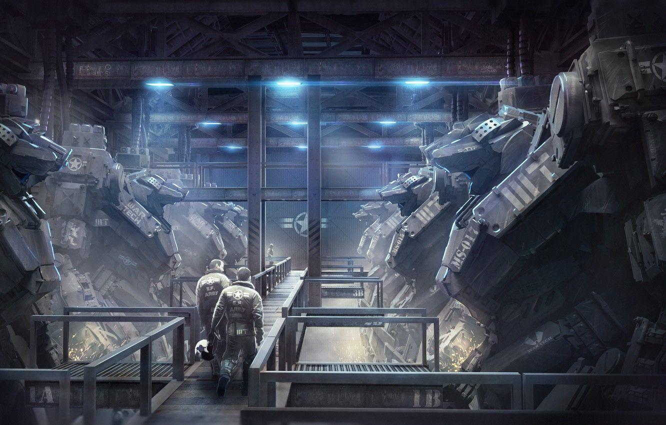 1332x850 Wallpaper robot, hangar, soldiers, art, pilots, mech image
