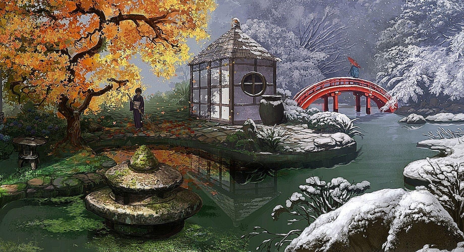 1840x1000 Japanese Zen Garden Painting, Download Wallpaper