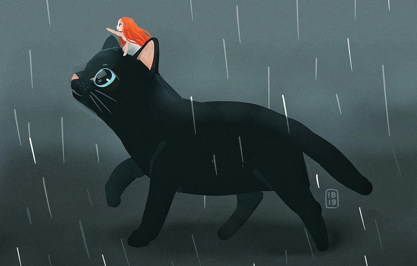 1332x850 Wallpaper rain, fantasy, girl, black cat image for desktop