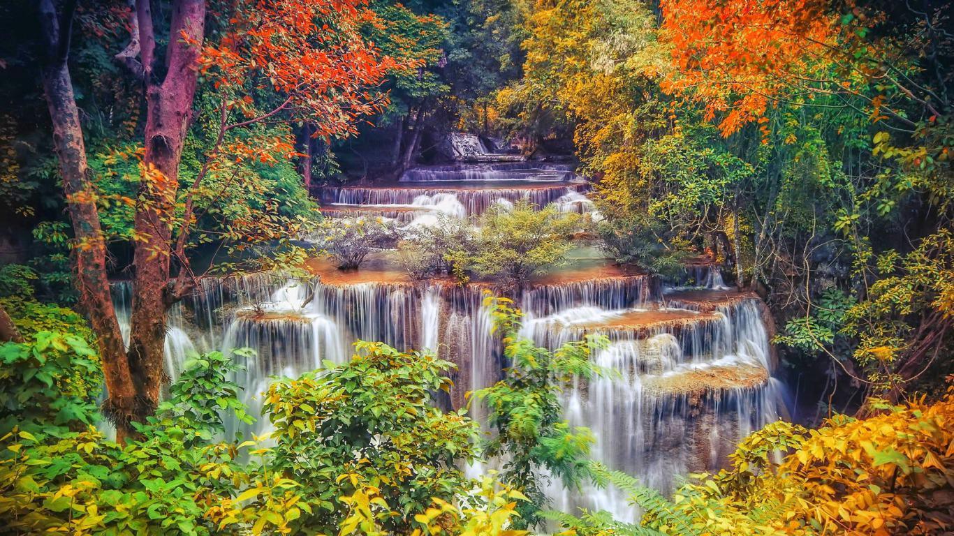 1366x768 resolution. Autumn waterfall. for your desktop Molly