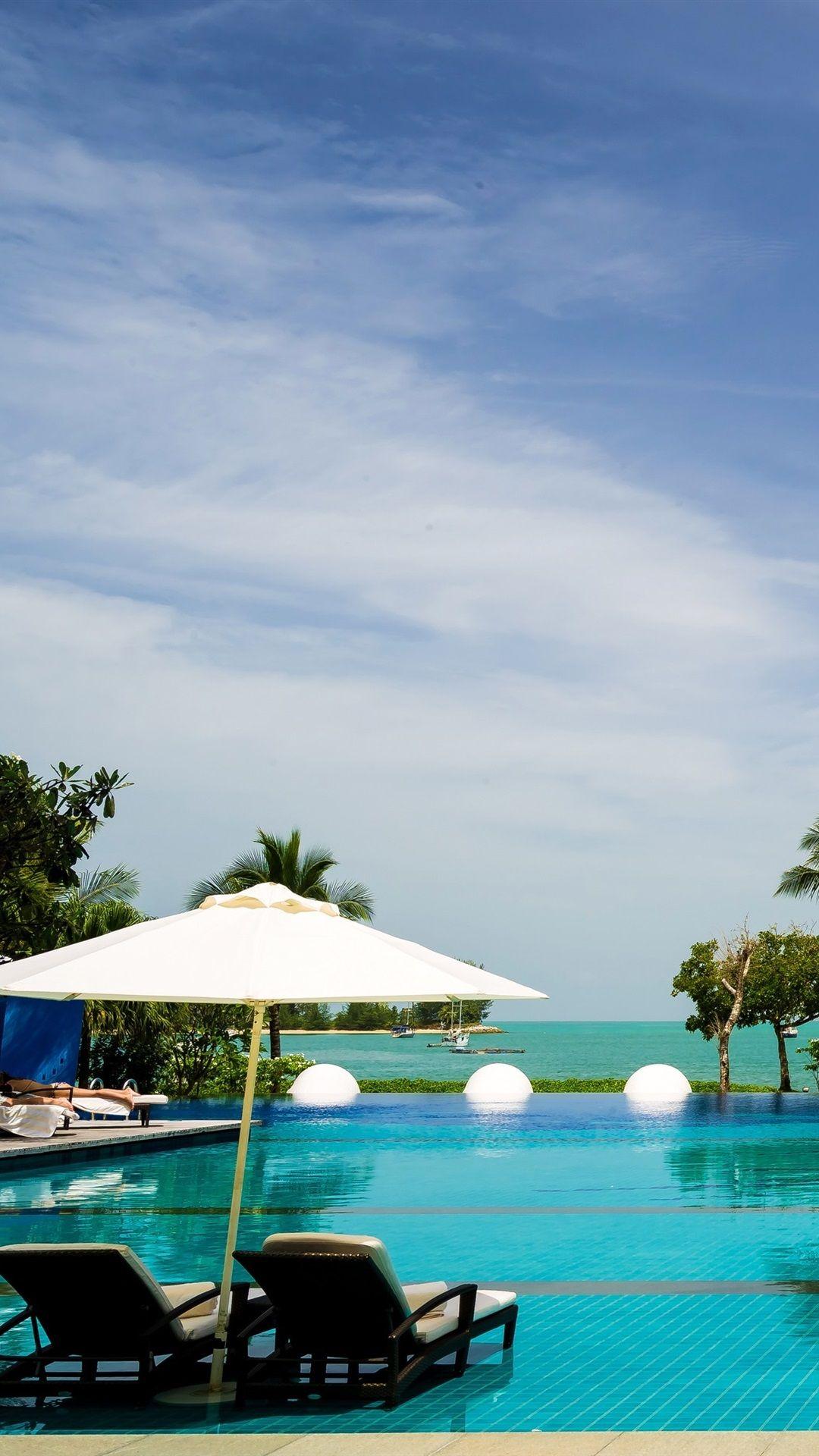 1080x1920 Malaysia, Langkawi, resort, sun loungers, pool, sea, palm trees