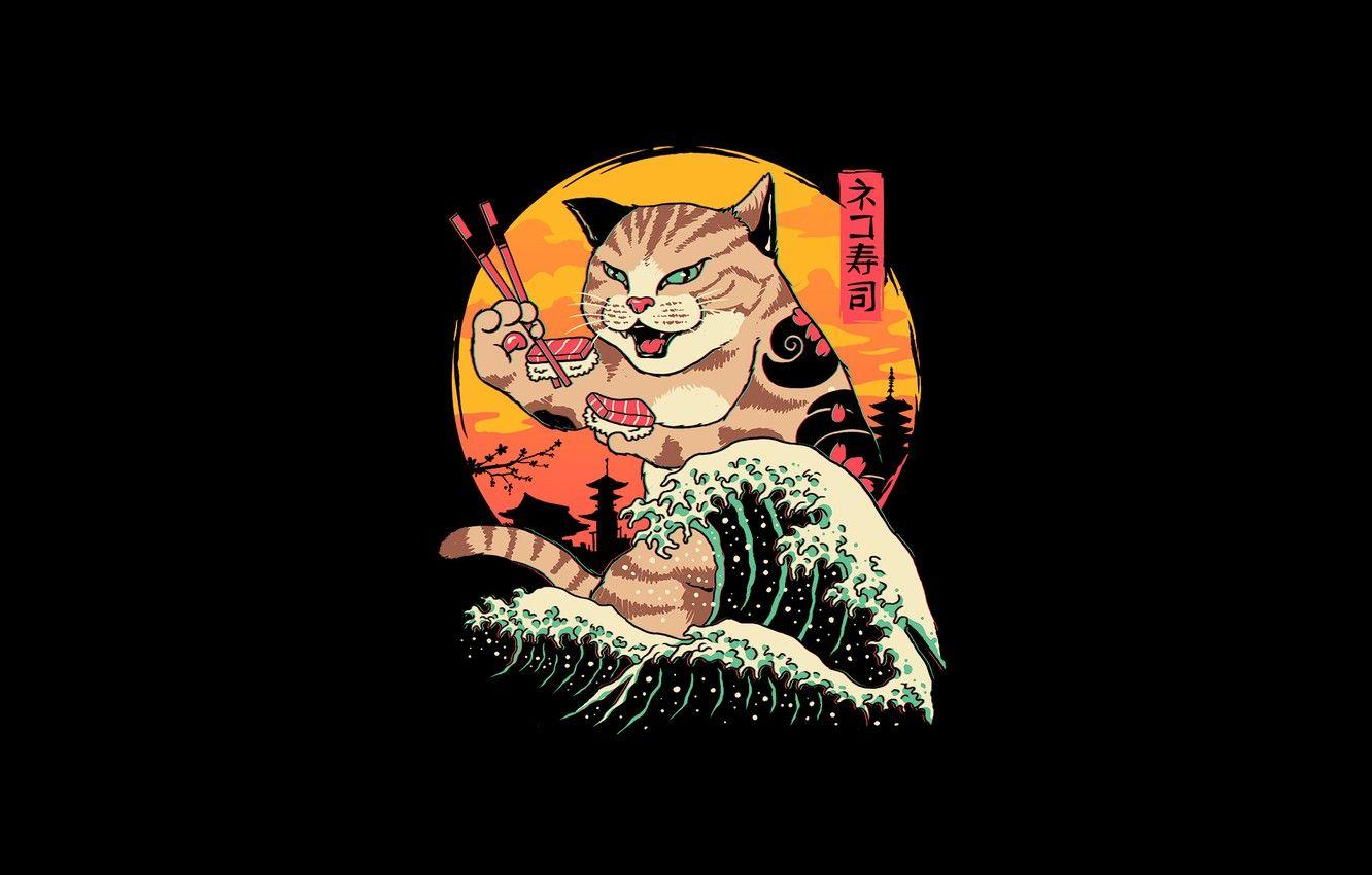 1332x850 Photo Wallpaper Minimalism, Japan, Cat, Wave, Style, Sushi Wave Wallpaper & Background Download