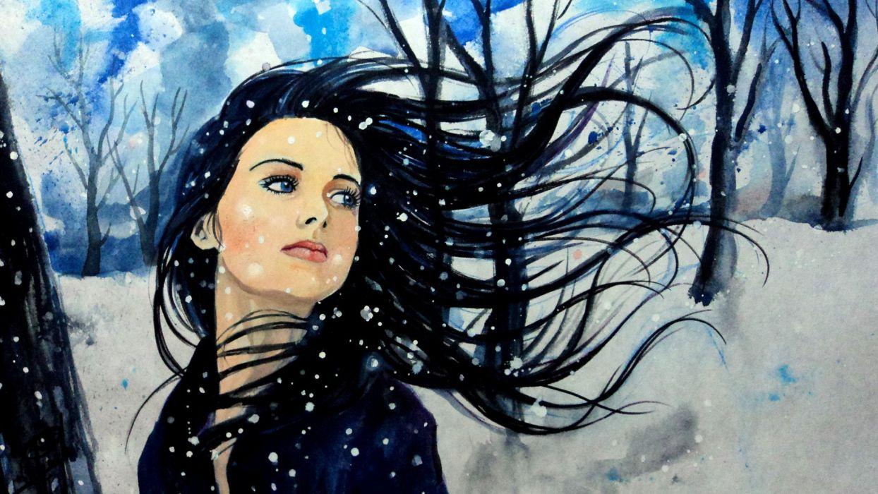 1244x700 Painting art girl snow winter tree blue eyes wallpaperx1080