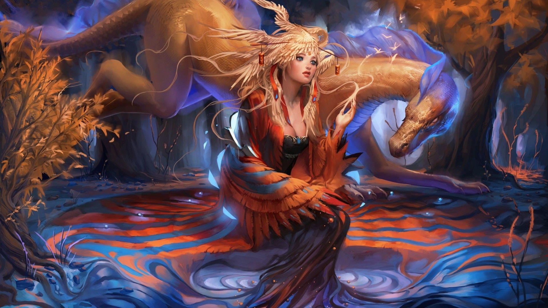 1920x1080 Fantasy Art Girl Dragon Forest Princess Magic Wings HD Wallpaper :