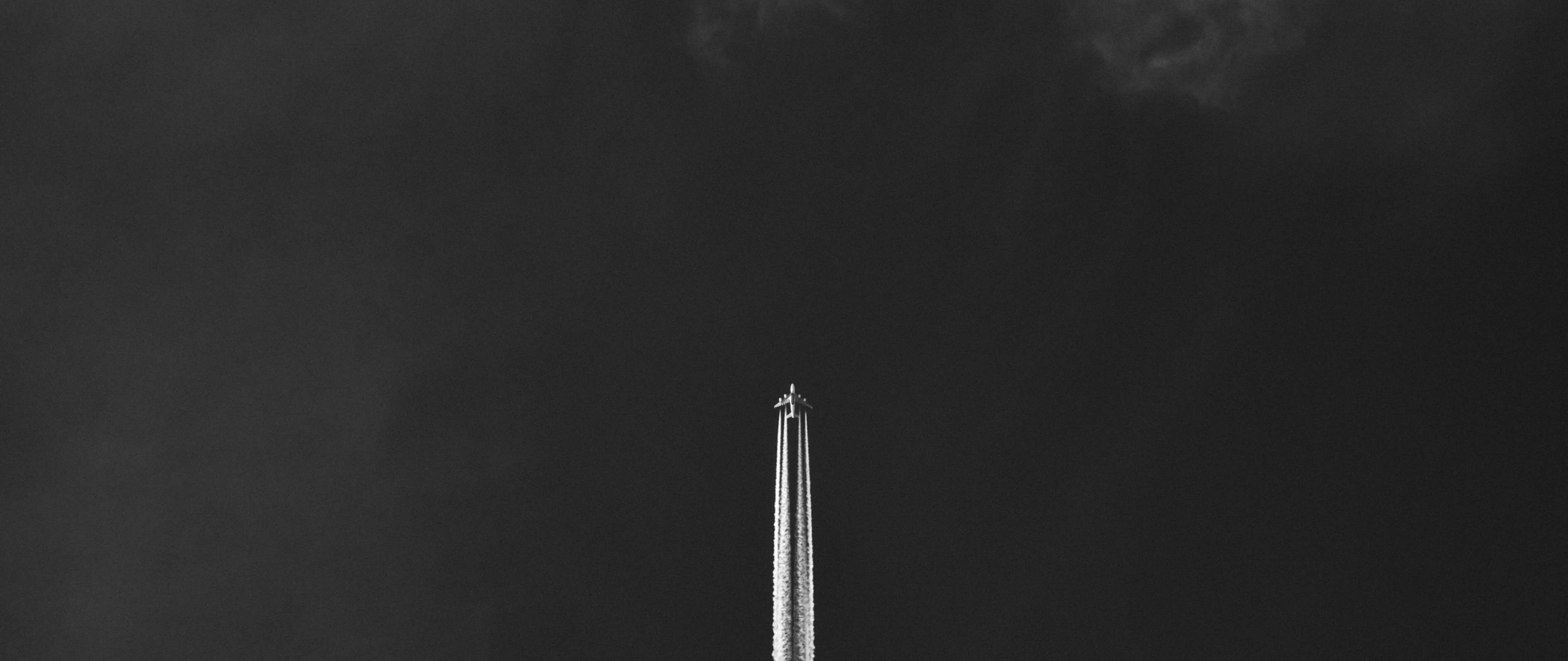 5120x2160 Black and white image of a flying plane HD Wallpaper 4K Ultra HD