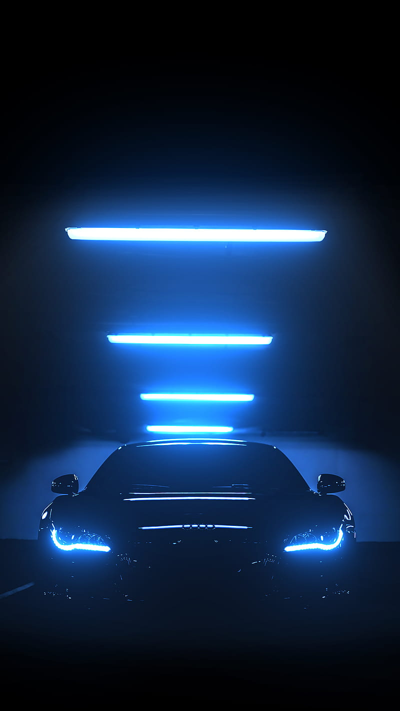 800x1422 Garage, black, car, lights, neon, night, power, sport, HD phone wallpaper