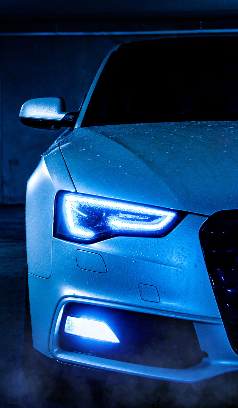 800x1371 Car, HI, blue, blue light, headlight, light, smoke, wall, water drop, white, HD phone wallpaper