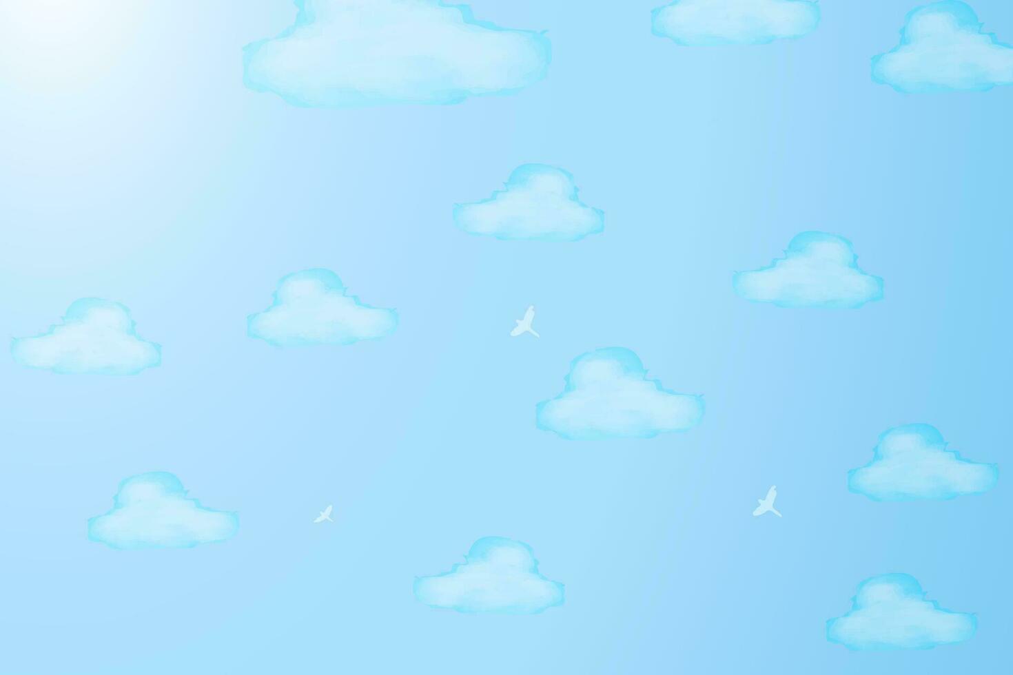 1470x980 Beautiful Blue Sky with sunlight and watercolor painted clouds. Backdrop for poster, banner, website, flyer, presentation, wallpaper, designs. Editable Vector Illustration. EPS 10