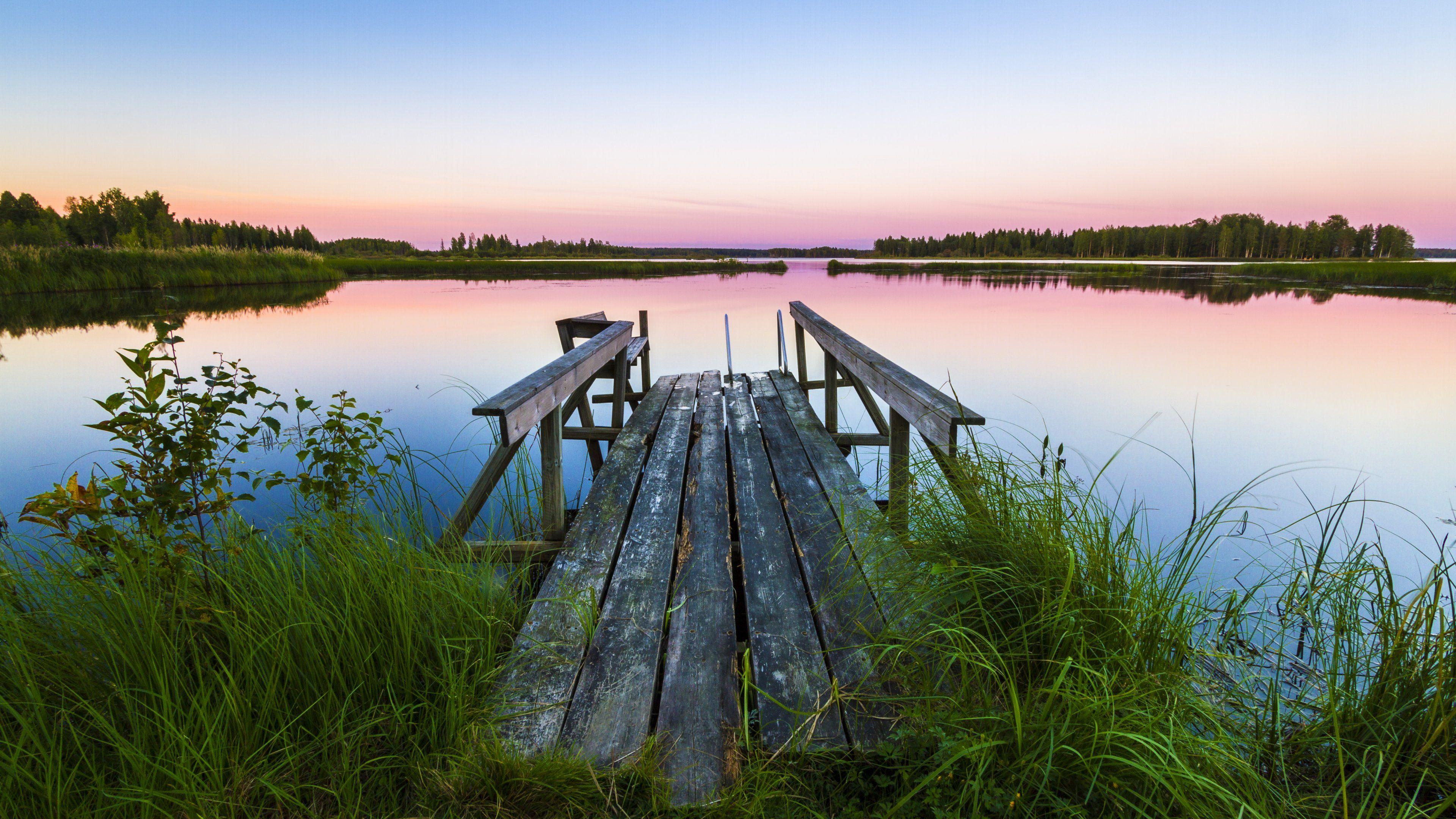 3840x2160 Free download Lake bridge grass sunset landscape reflection Ultra