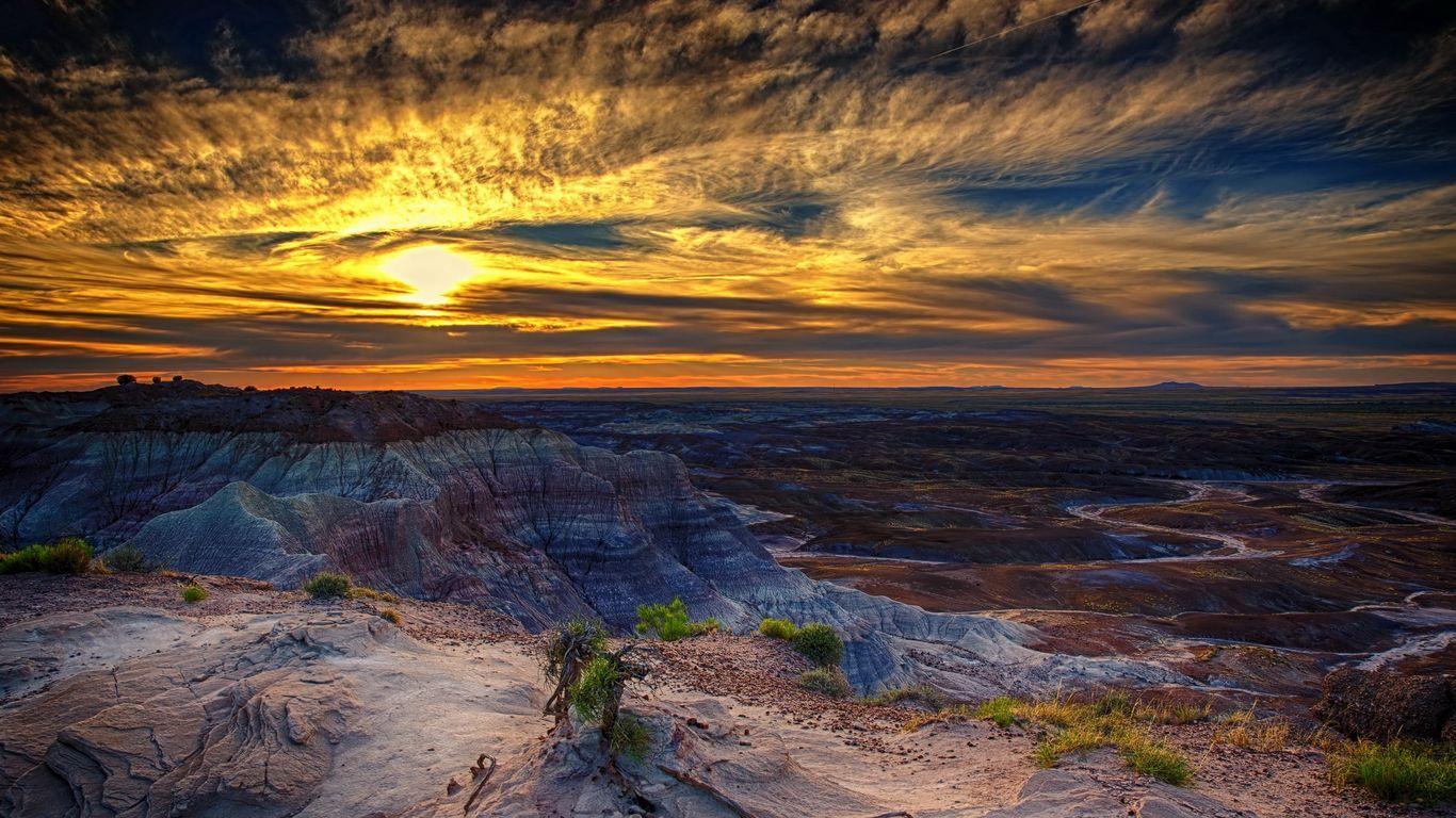 1366x768 Download wallpaper 1366x768 petrified forest, arizona, sunset, hdr