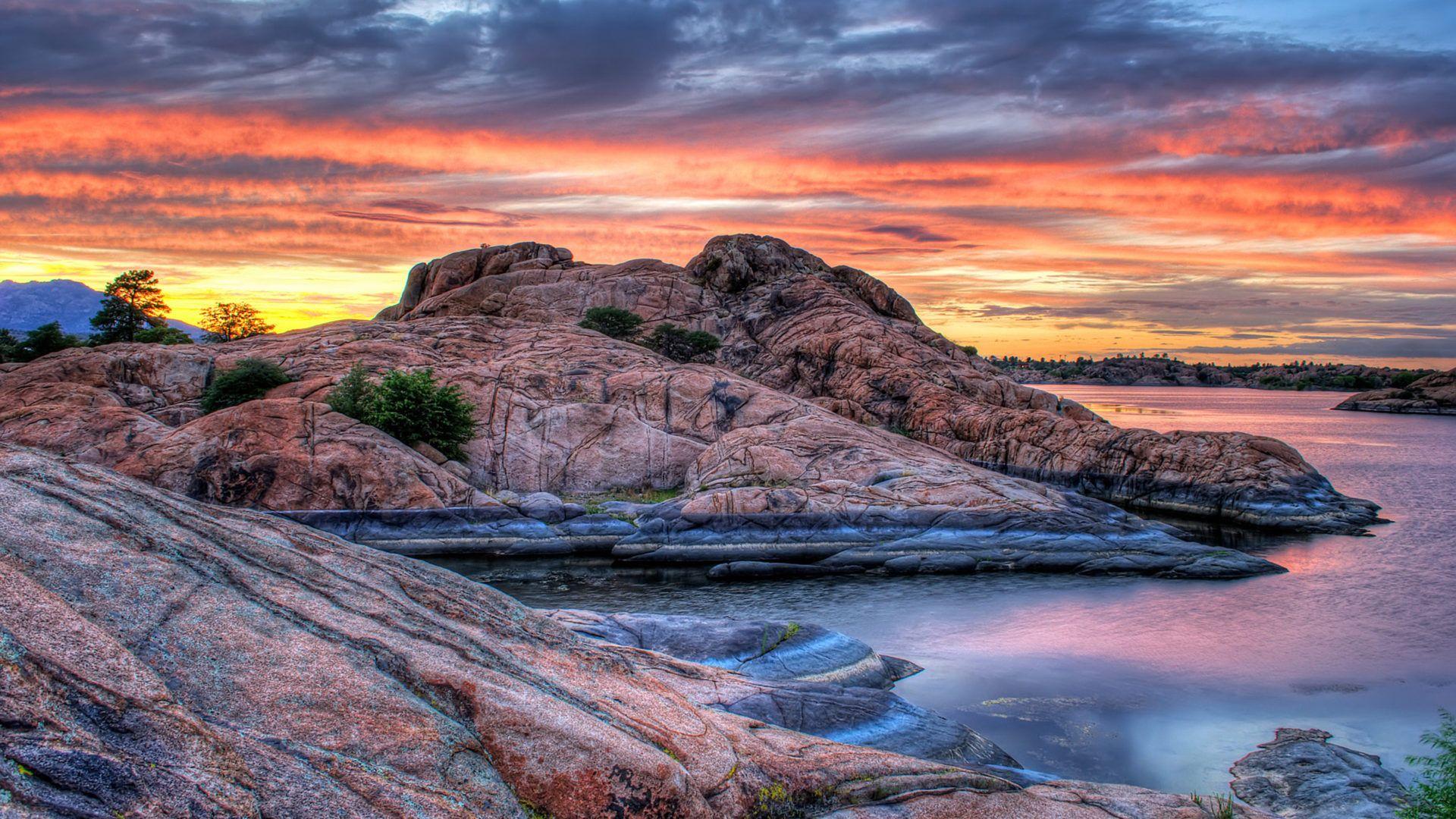 1920x1080 Sunset In Prescott Arizona Usa Willow Lake Red Granite Rocks Fire