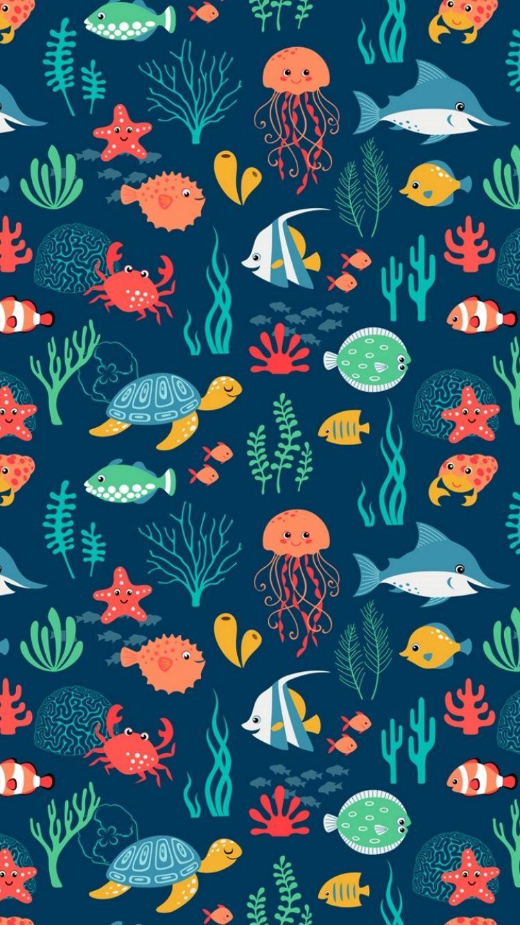 750x1334 Download Wallpaper 750x1334 Fish, Turtle, Jellyfish, Art, Texture