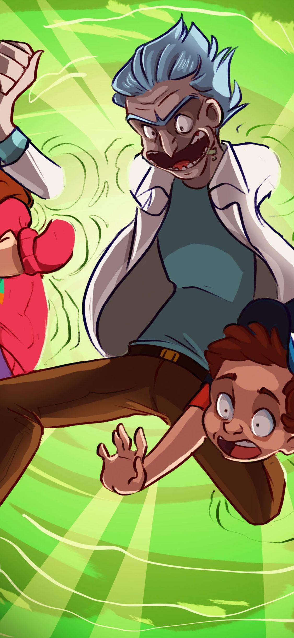 1125x2436 Crossover Rick And Morty Gravity Falls iPhone XS, iPhone