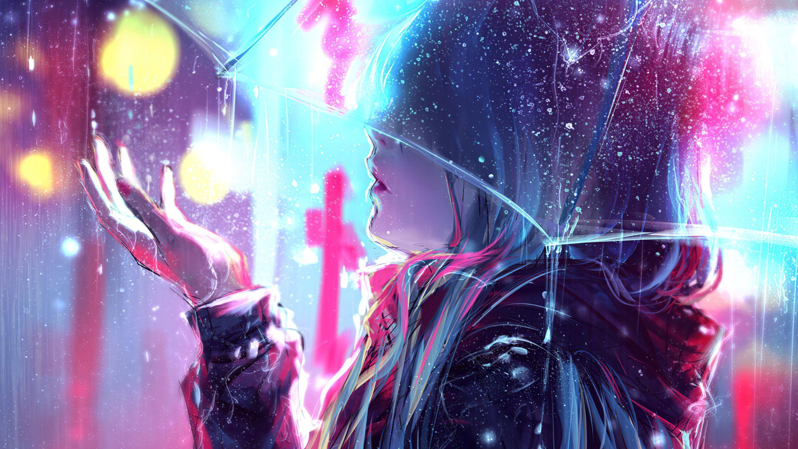 2560x1440 Anime Girl Rain Wallpaper. alone girl in rain image