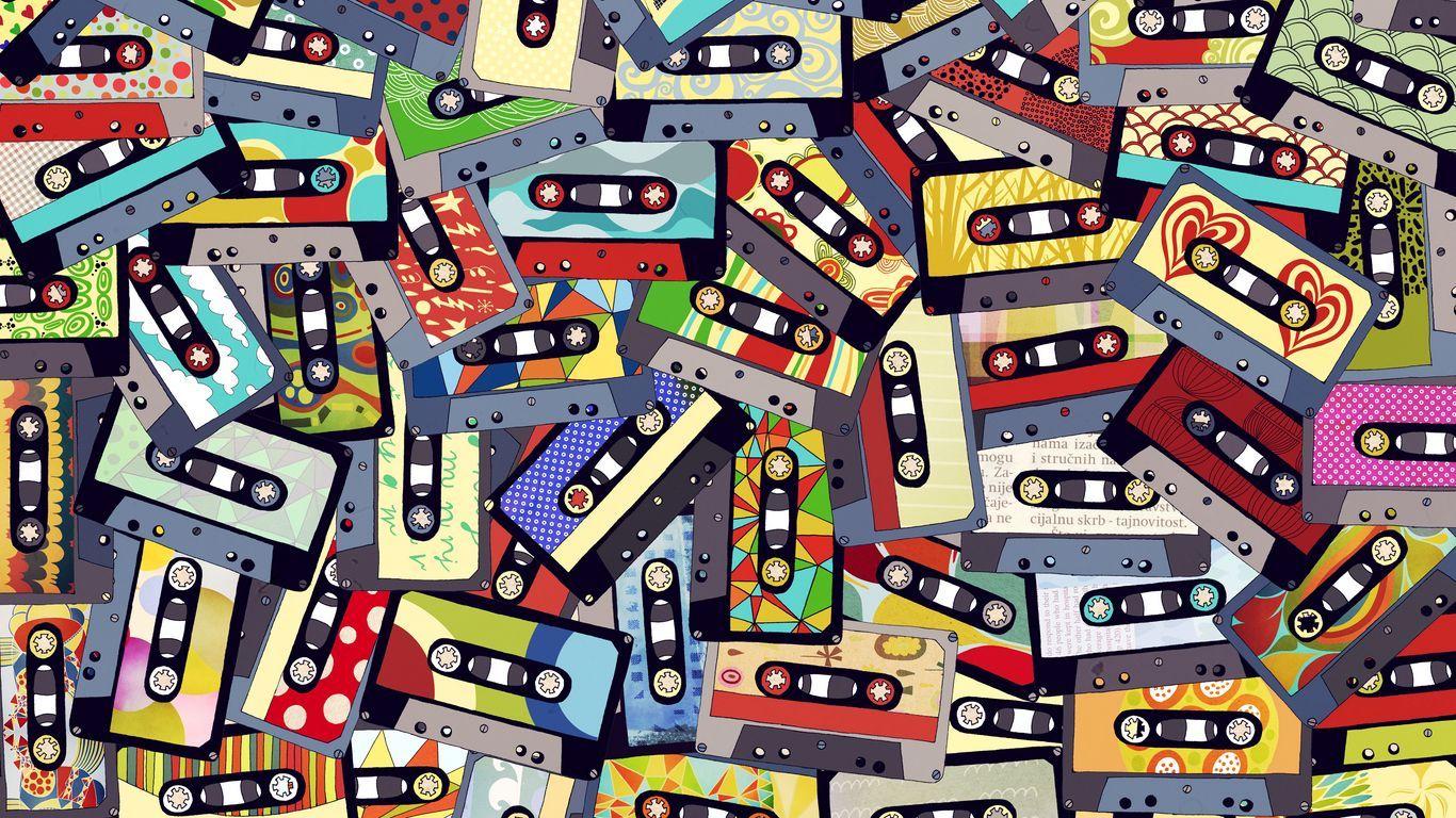 1366x768 Download wallpaper 1366x768 audio cassettes, collage, colorful