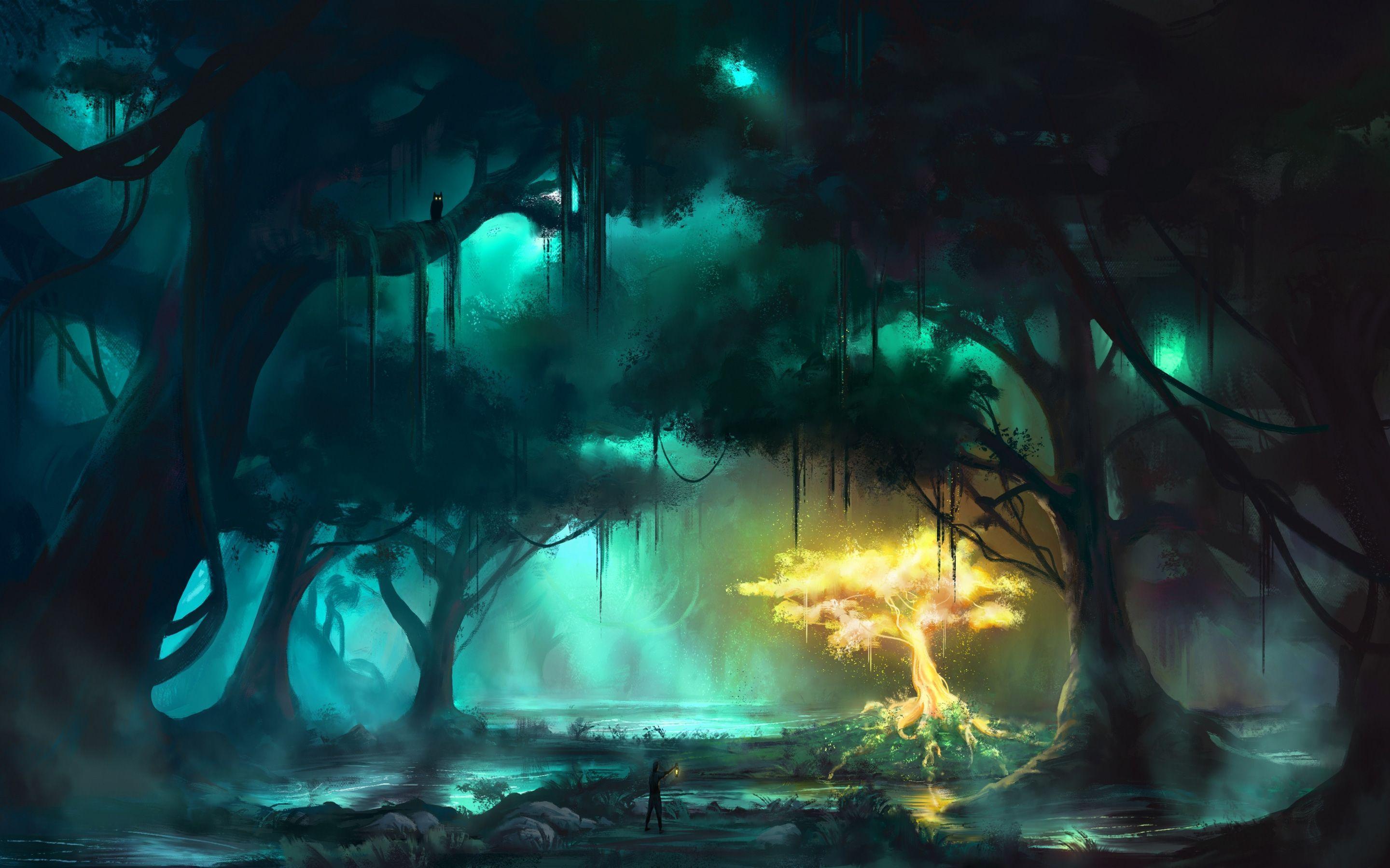 2880x1800 Free download Fantasy Forest Lighting Tree Art HD Wallpaper