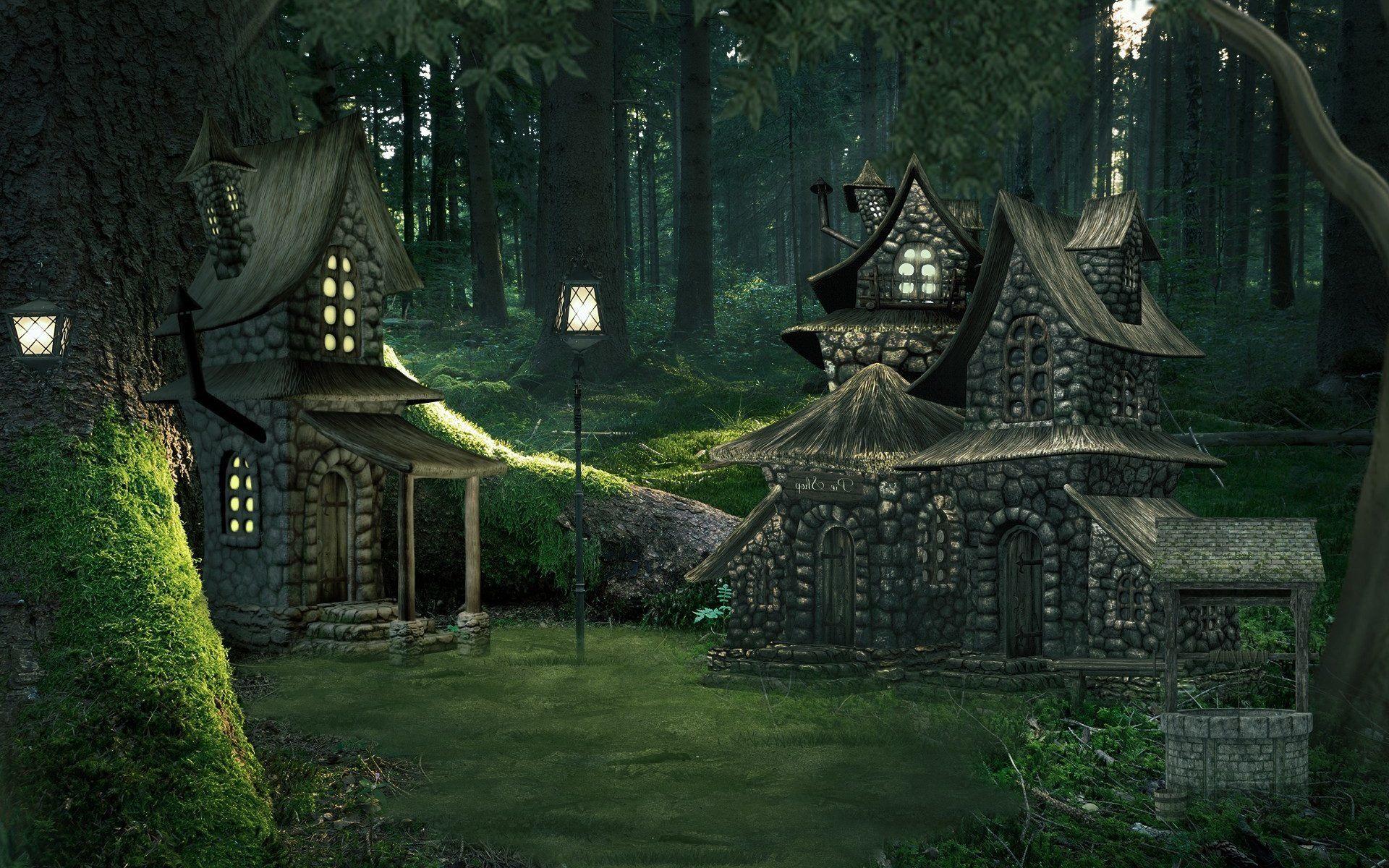 1920x1200 Cottages in Enchanted Forest HD Wallpaper. Background Image