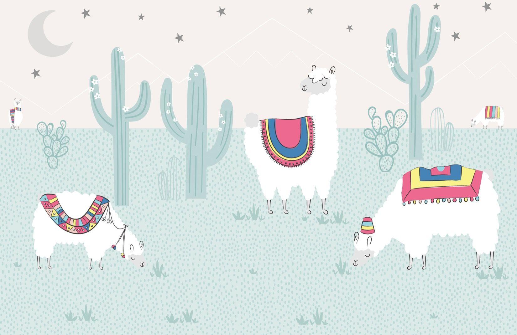 1650x1070 Cool Blue Exotic Llama Cactus Wallpaper Mural