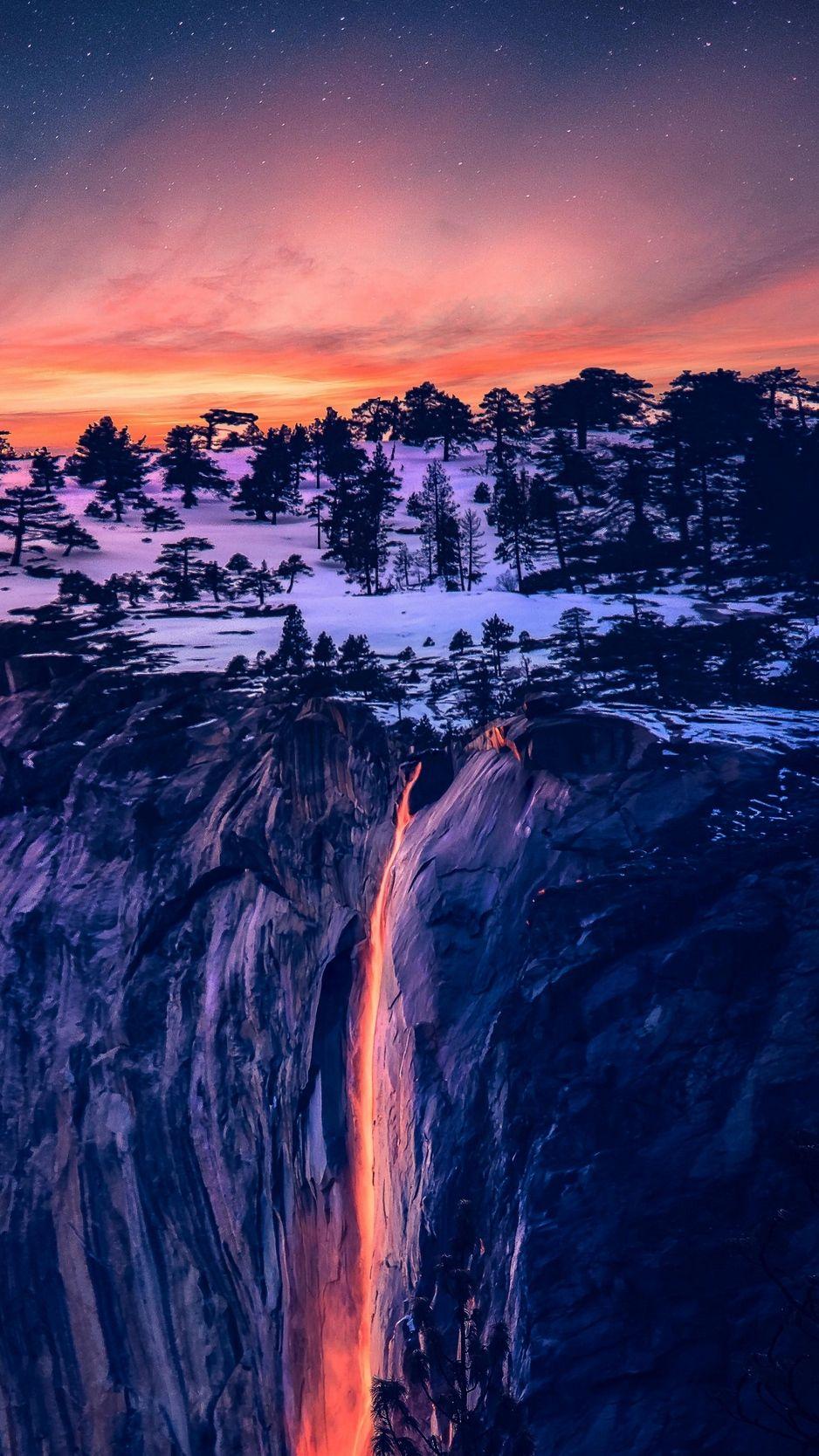 938x1668 Waterfall, trees, night, lava, photohop wallpaper