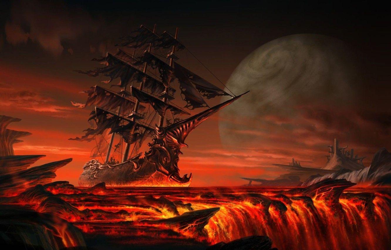 1332x850 Wallpaper stones, planet, Ship, lava, sails image for desktop