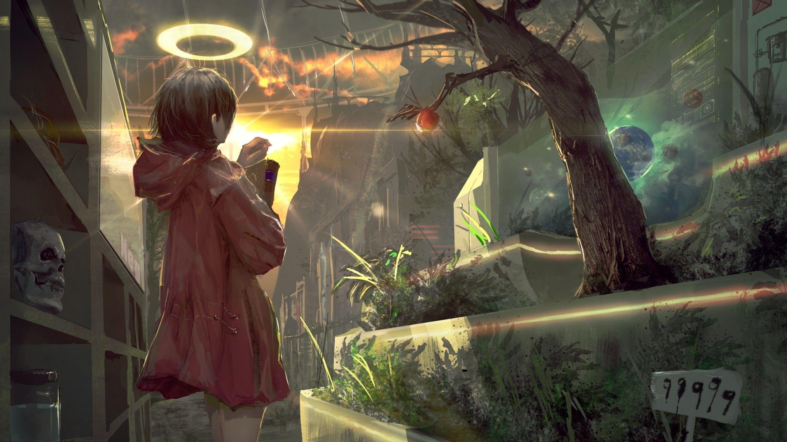 2560x1440 Download 2560x1440 Fallen Angel, Anime Girl, Hoodie, Darkness