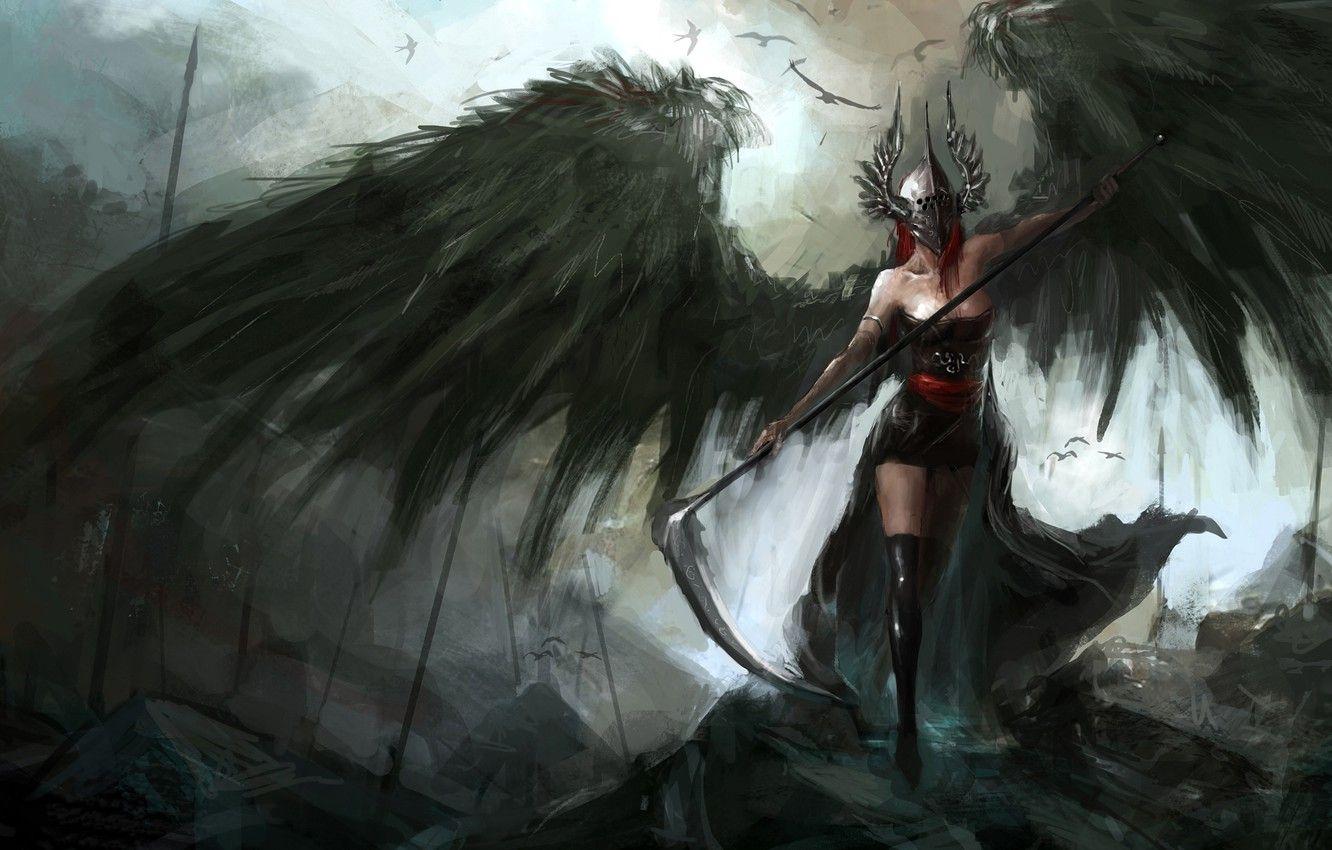 1332x850 Wallpaper weapons, fiction, wings, art, helmet, braid, fallen