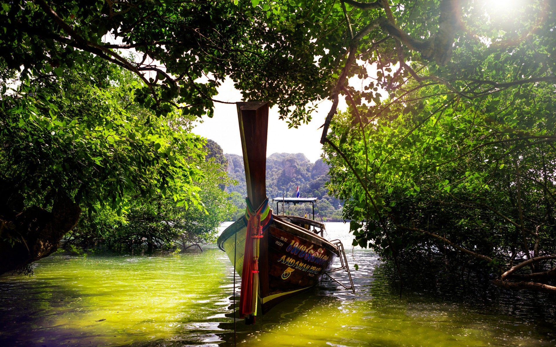 1920x1200 summer, lakes, tranquility, tropical, boat, Thailand, hills