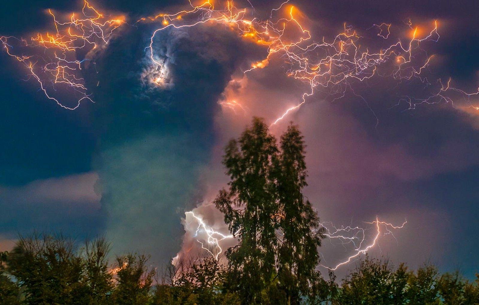 1600x1018 nature, Landscape, Photography, Eruption, Volcano, Trees, Night