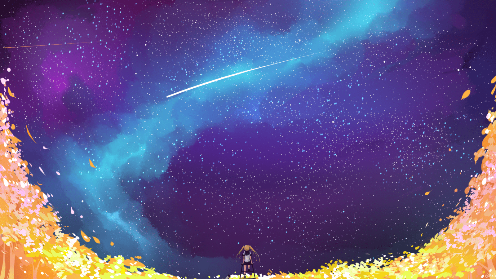 1600x900 Download 1600x900 Anime Girl, Space, Stars, Galaxy, Falling Stars, Petals Wallpaper