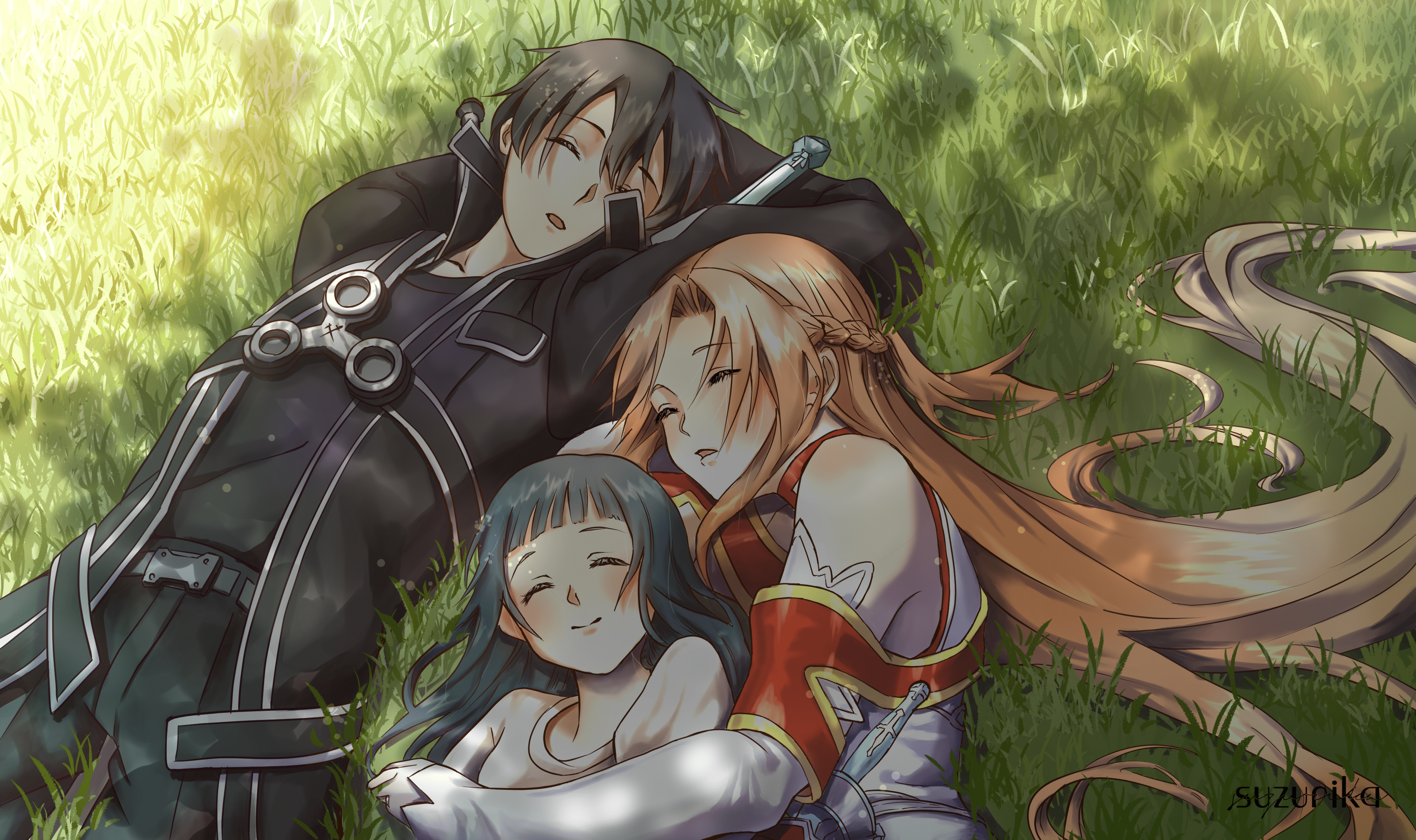 3640x2160 Kirito, Asuna & Yui: Heartfelt Moment in Sword Art Online HD Wallpaperx2160