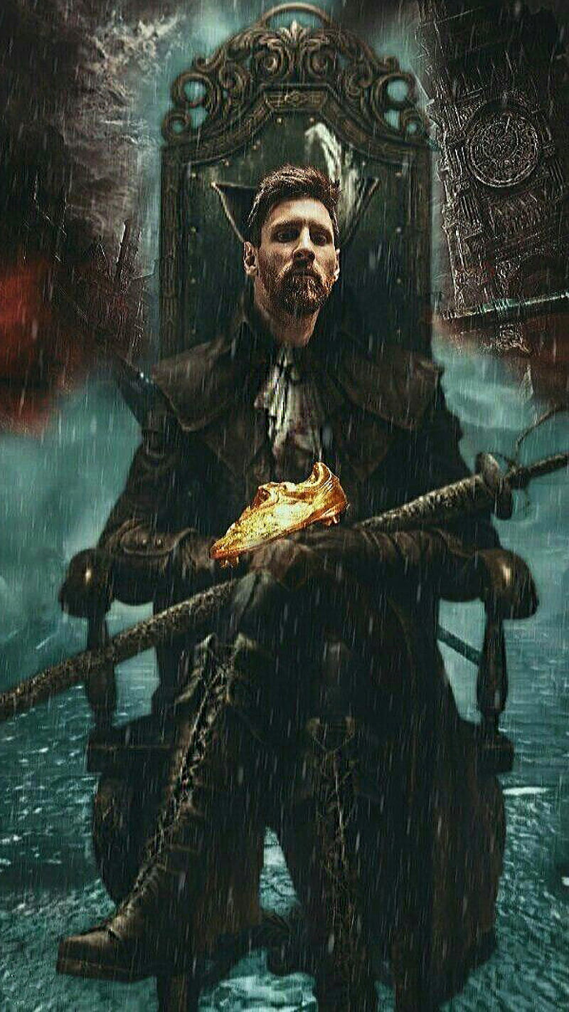 800x1422 Messi the warrior, boots, chair, costume, golden, rain, shoe, sitting, sword, HD phone wallpaper