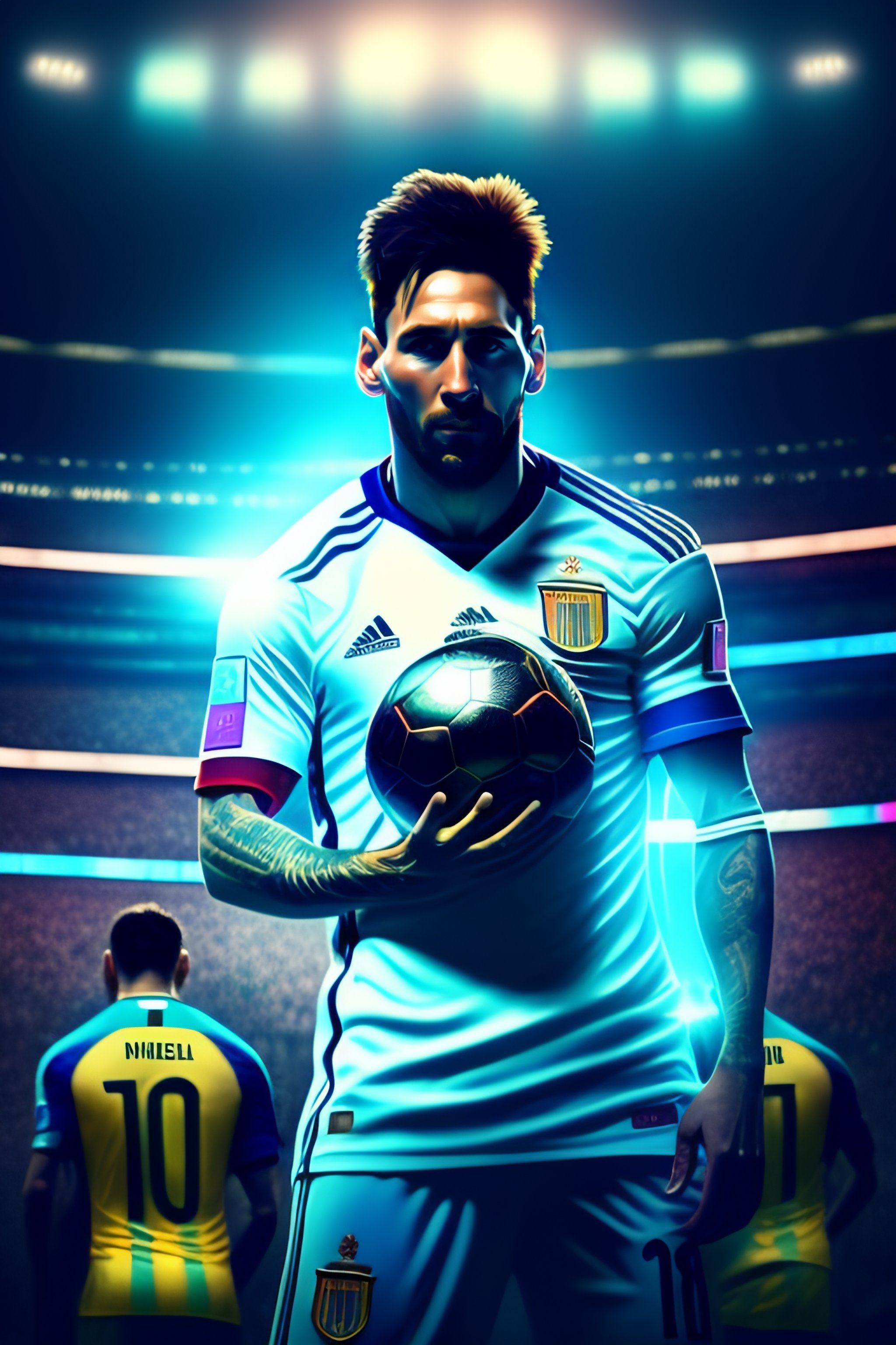 2048x3072 Lexica messi with the argentina team, lifting the world cup, Neon, Movie still, steampunk, photo realism, ultra detailed, city, rain, futu