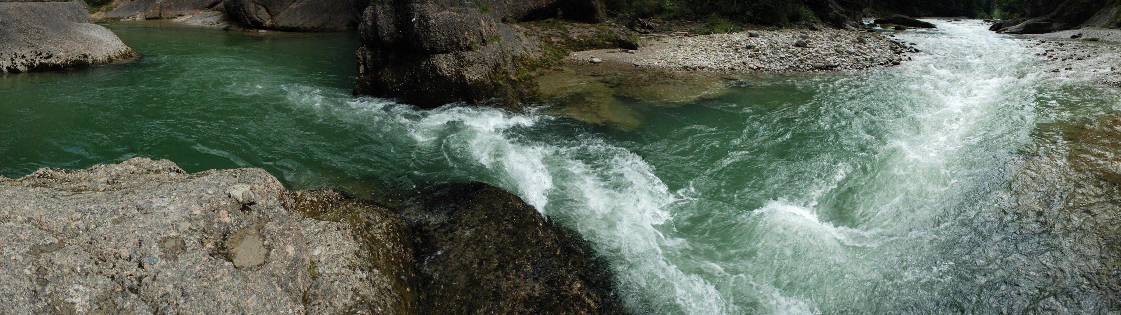 3840x1080 river, Rock, Anime, Nature, Landscape Wallpaper HD / Desktop