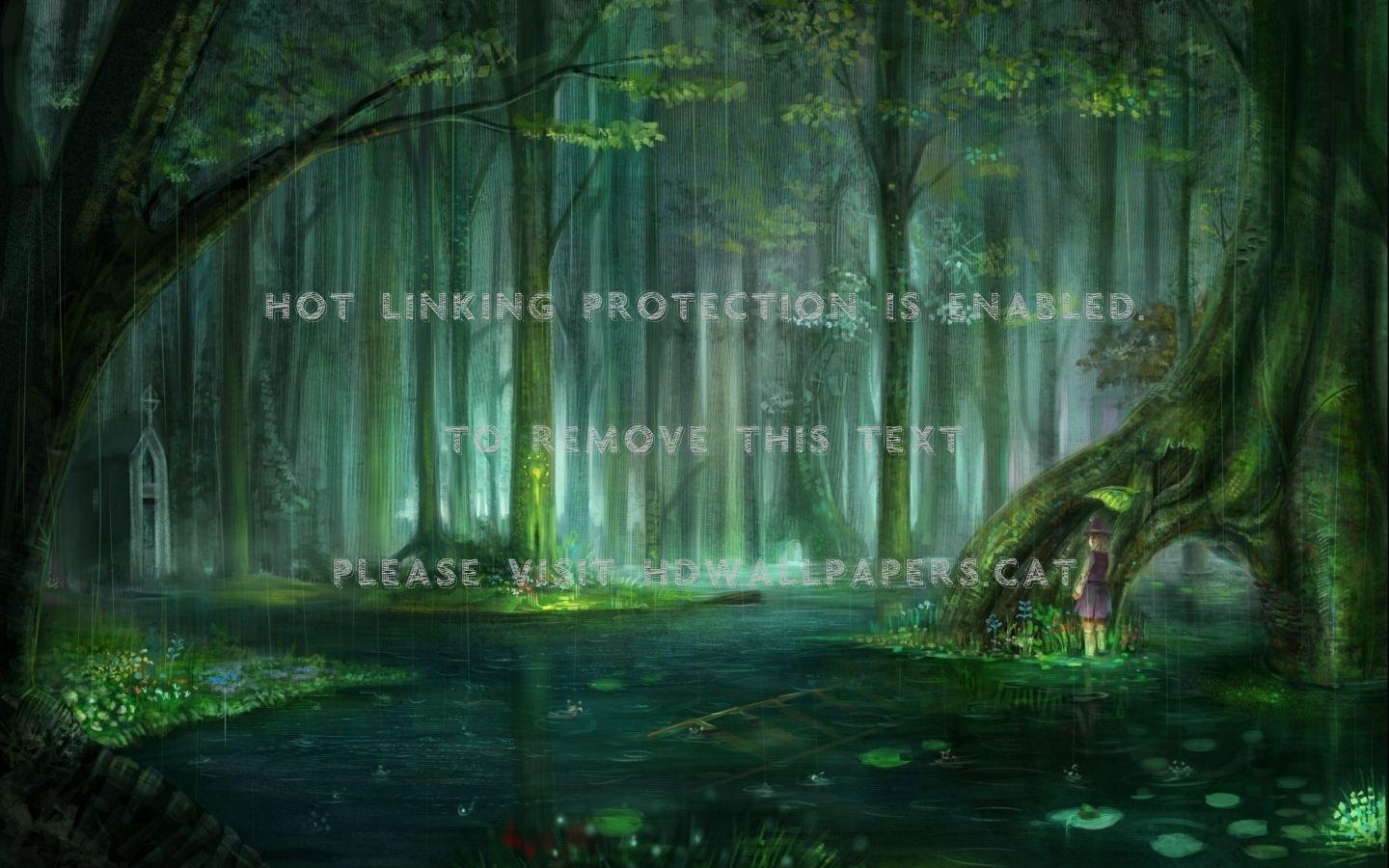 1440x900 deep forest anime city river lonely girl