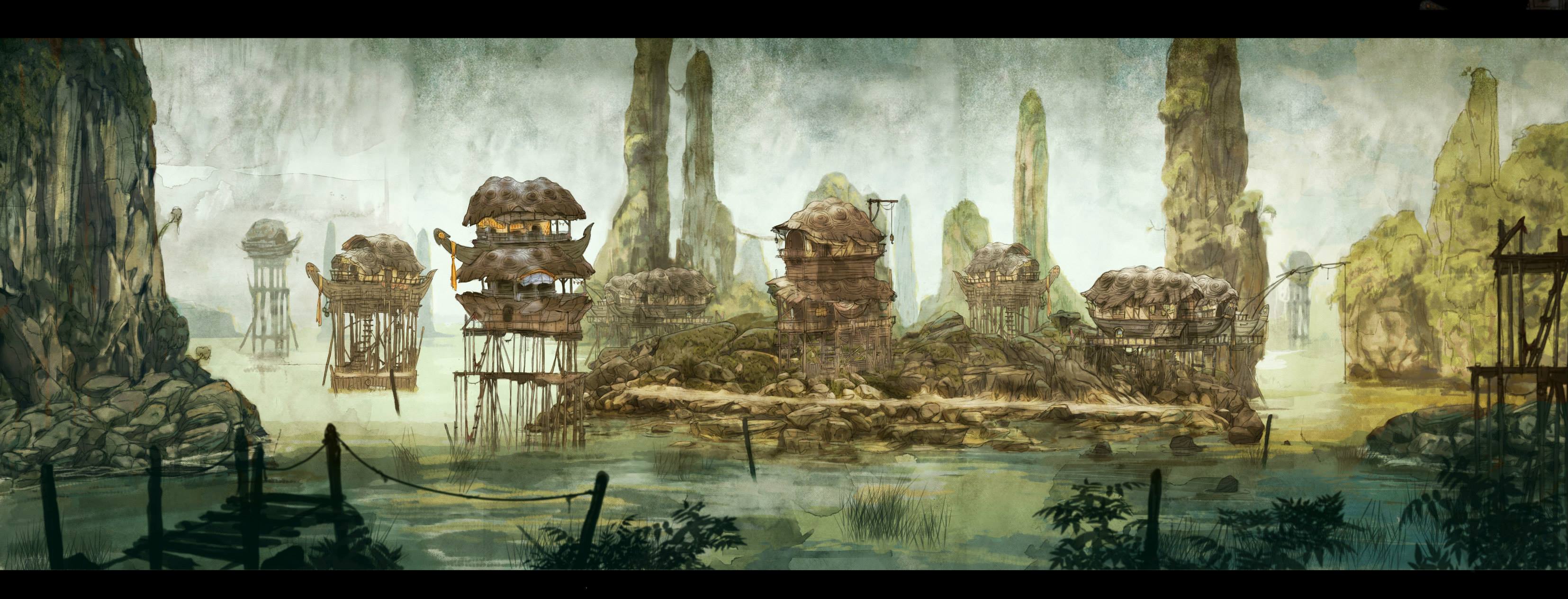 3310x1266 CHILD OF LIGHT fantasy game city j wallpaperx1266