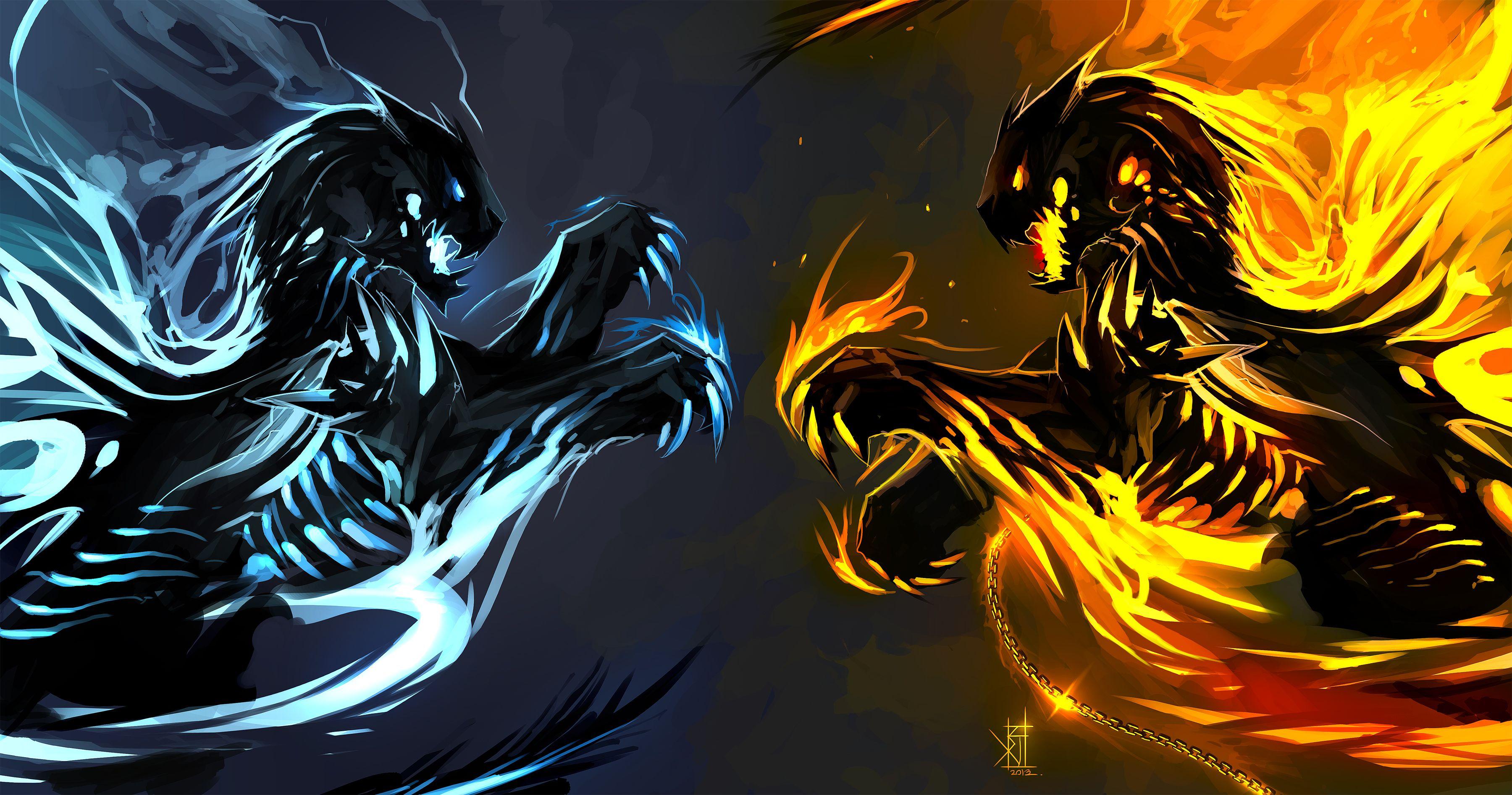 3600x1894 Fire And Ice Wolf Hình nền, 0,82 Mb