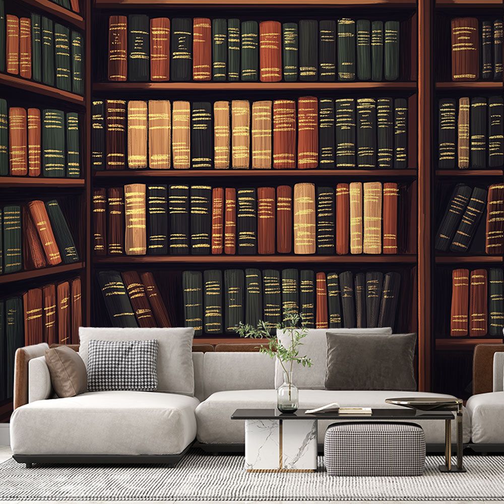 1000x1000 Library Mural Wallpaper. Vintage Books and Wooden Shelves