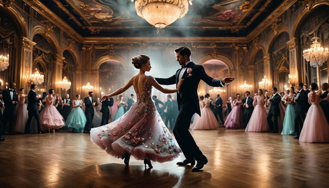 1344x768 a couple in a ballroom, dancing a waltz. She is wearing a pastel colored swirling mid length tulle dress with flower designs, He is wearing