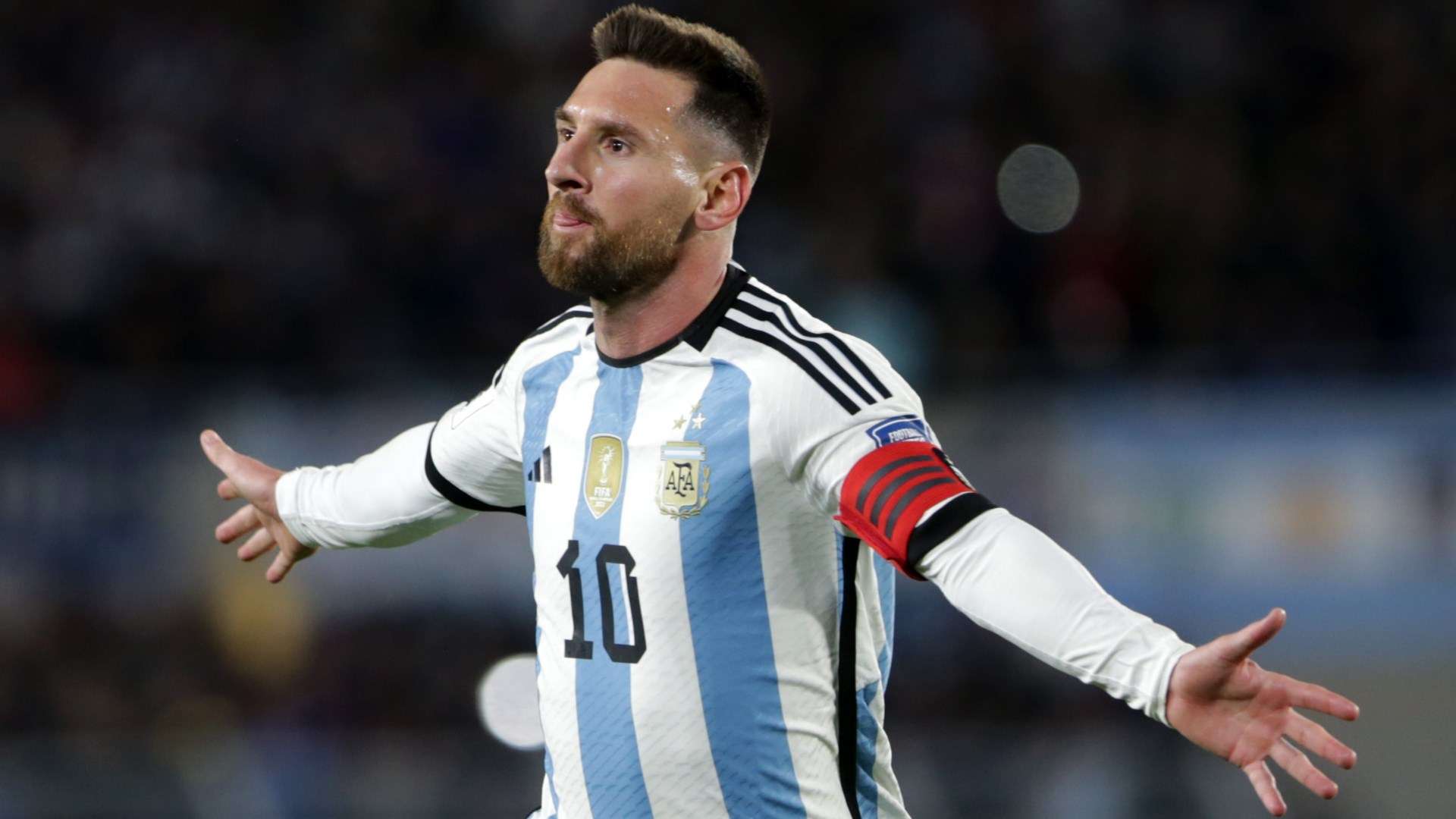 1920x1080 Happy to be back!' Messi poses in front of giant World Cup trophy celebration photo after returning to Argentina for crucial qualifying games against Uruguay and Brazil. Goal.com US