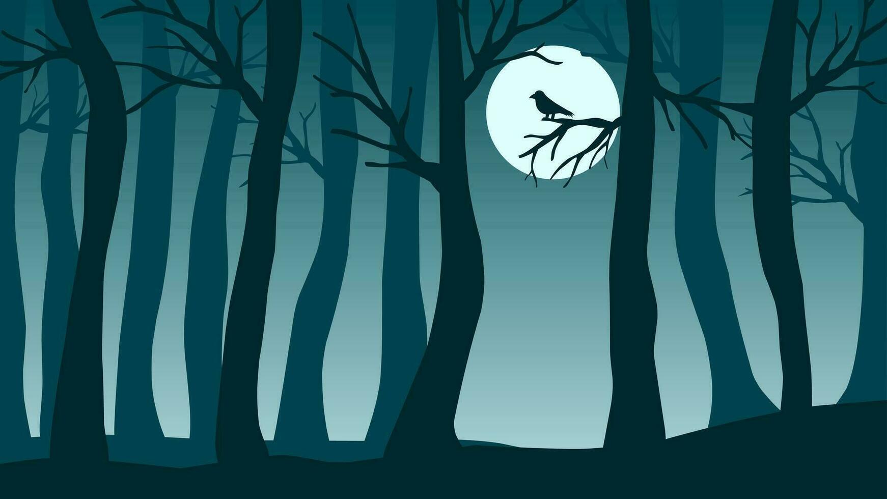 1742x980 Spooky forest landscape in the mist vector illustration. Dead tree forest in the night for halloween event. Forest landscape for background, wallpaper, or landing page. Halloween landscape design 29735329 Vector Art