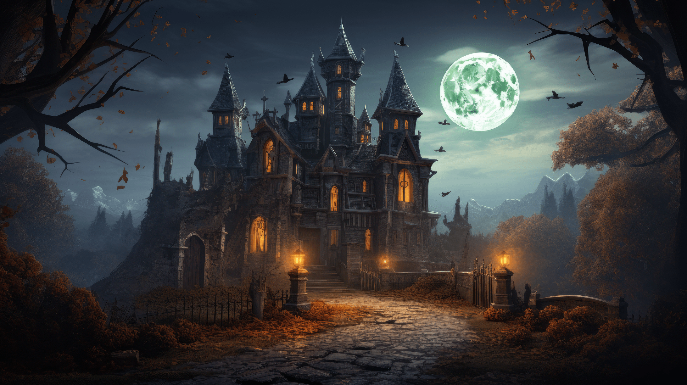 2184x1224 Halloween Landscape Gothic Architecture Wallpaper