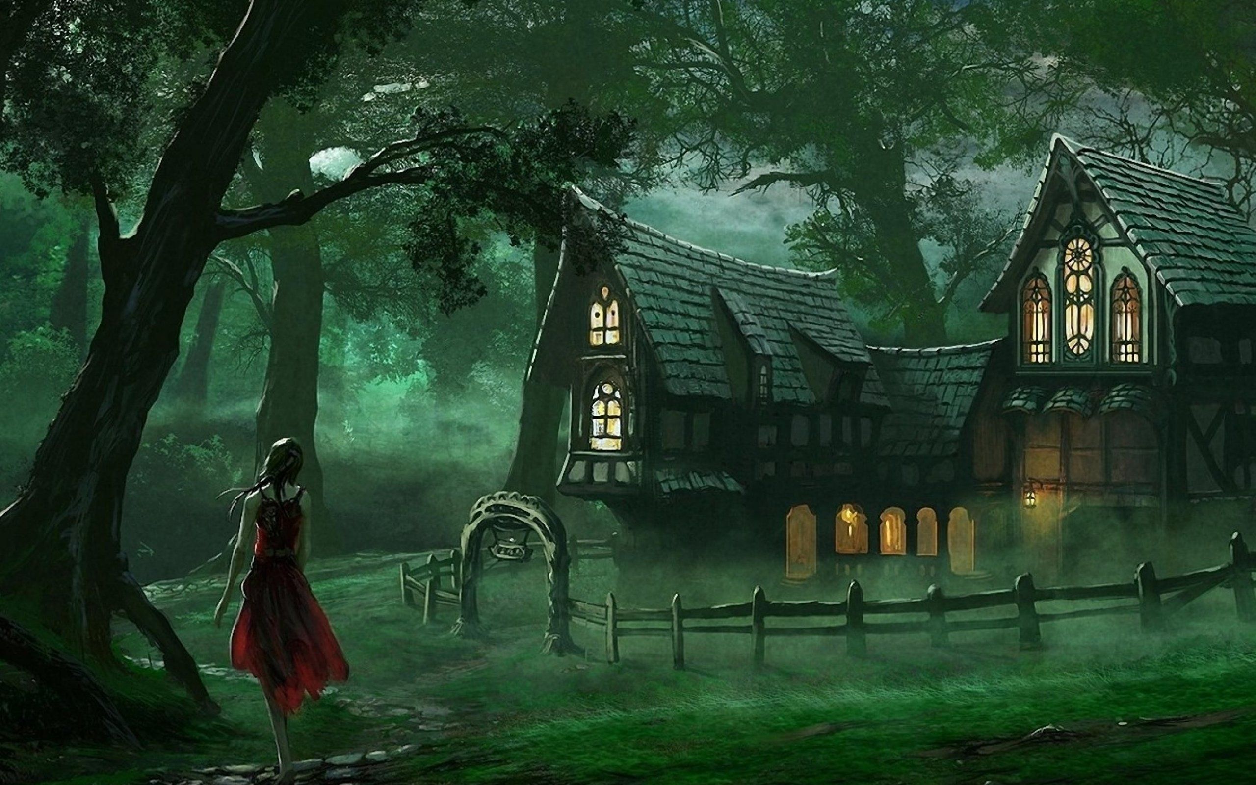 2560x1600 artwork, Fantasy, Magical, Art, Forest, Tree, Landscape, Nature, Girl, House, Spooky Wallpaper HD / Desktop and Mobile Background