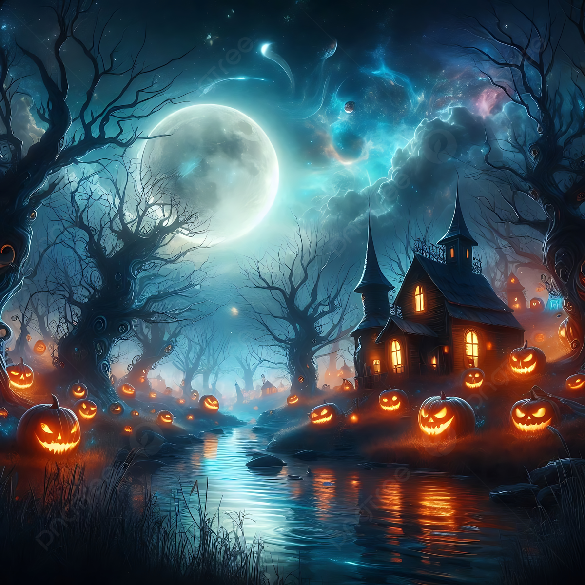 1200x1200 Spooky Halloween Landscape Twisted Trees And Whimsical Houses Photo And Picture For Free Download