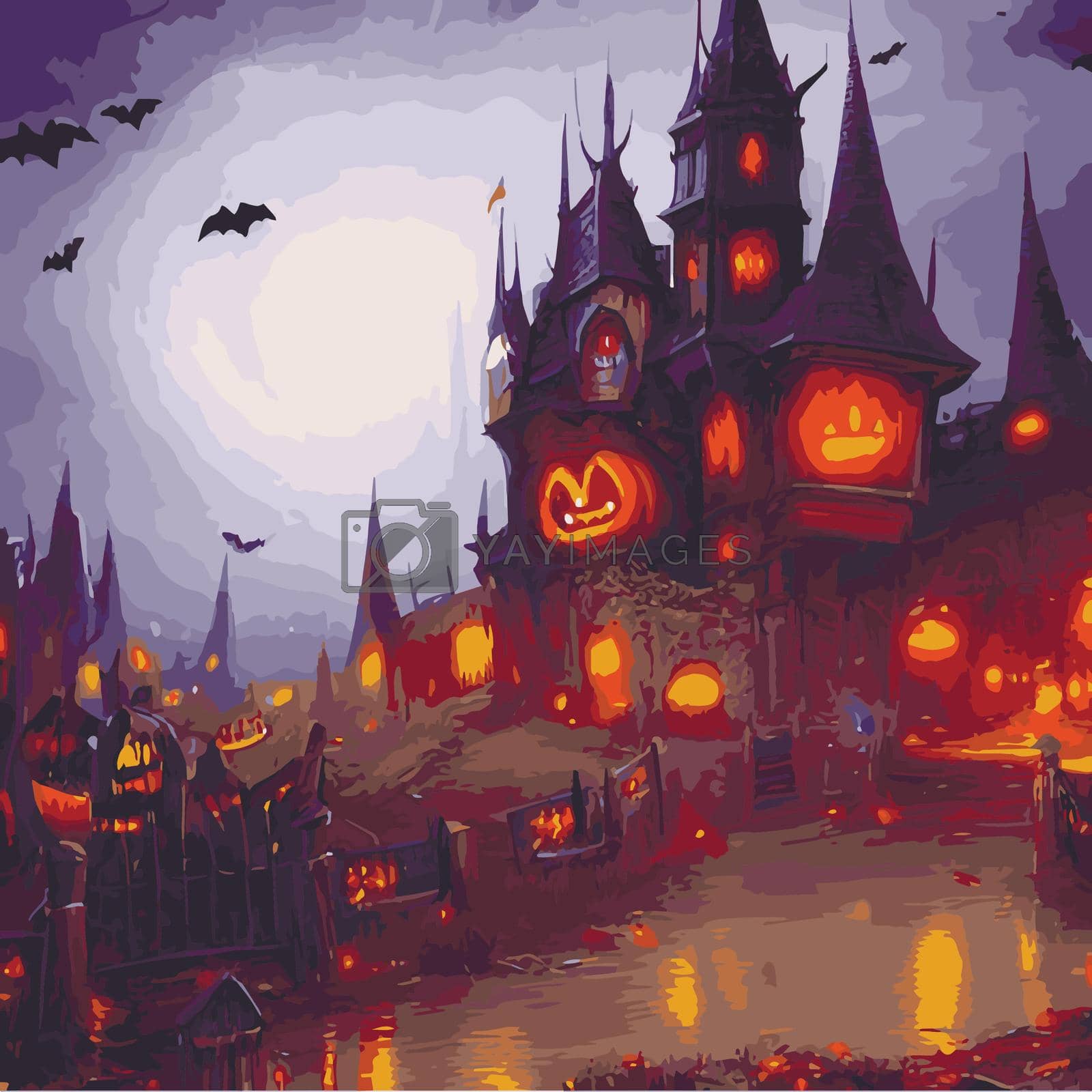 1600x1600 Halloween poster background. Foggy landscape with bats, big moon, pumpkins, trees and a dark gothic castle by kasynets_olena Vectors & Illustrations with Unlimited Downloads