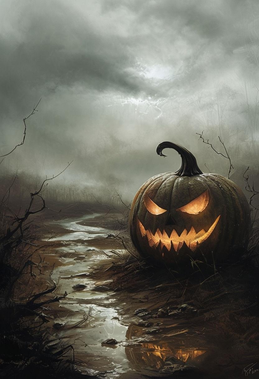 832x1216 Sinister Jack O' Lantern In Dark Eerie Landscape Art