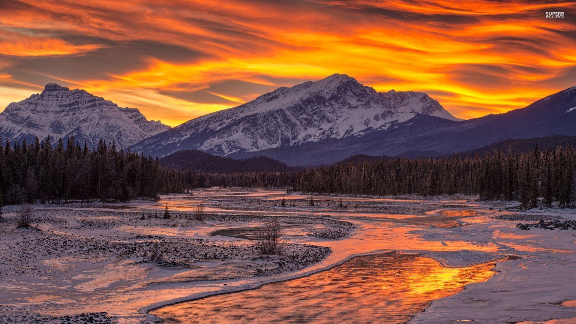 1920x1080 Mountains Winter Trees Sunset desktop PC and Mac wallpaper
