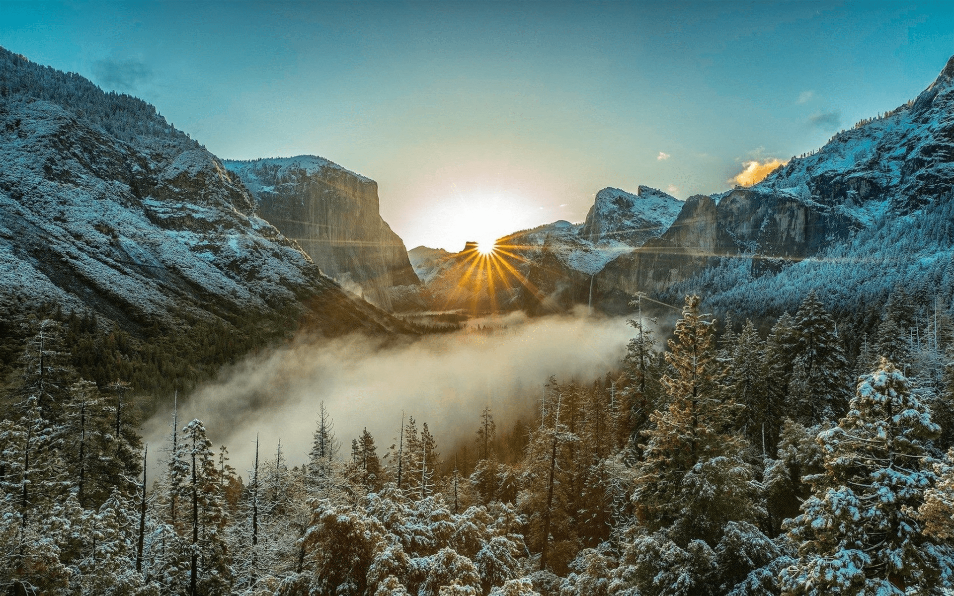 1920x1200 Download wallpaper Yosemite Valley, sunset, winter, forest