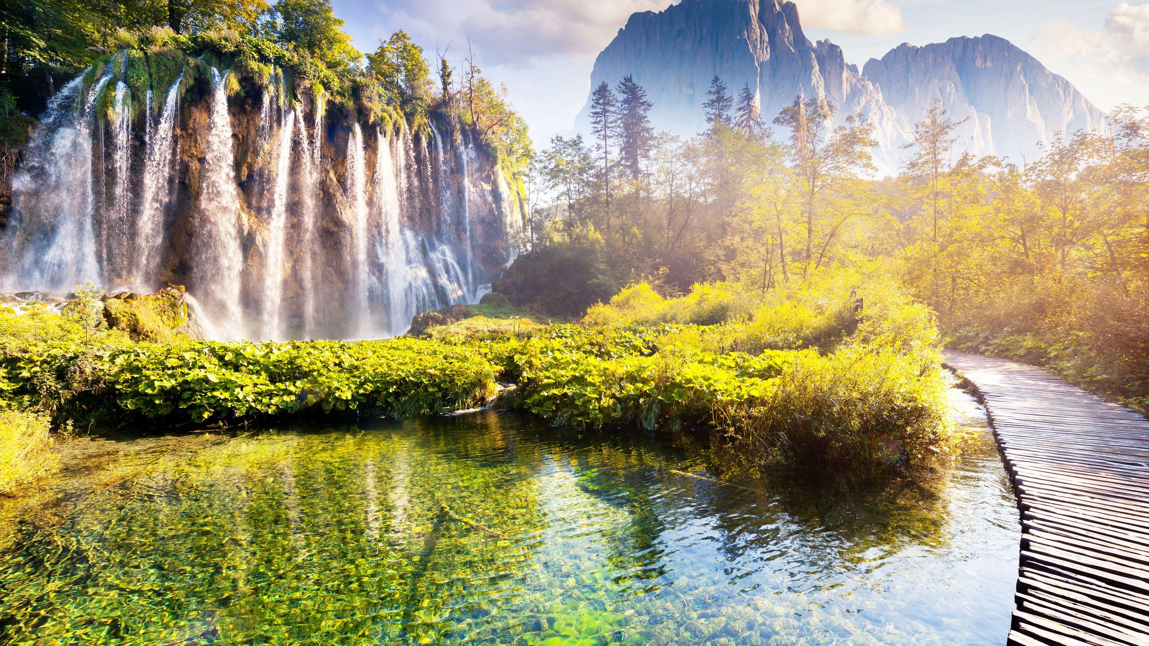 3840x2160 Wallpaper Croatia, beautiful waterfall, park, trees, mountains