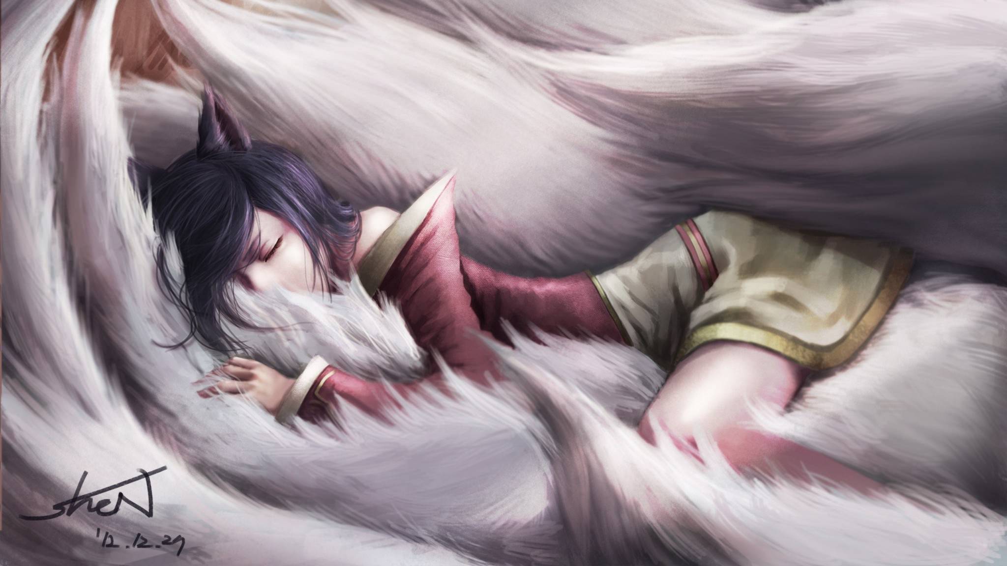 2048x1152 Pretty sleeping foxgirl Ahri: FullHD+ desktop wallpaper Artist